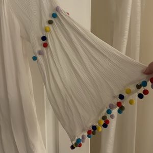 🌸 Off the shoulder white blouse with colorful pom poms on the sleeves 🌸